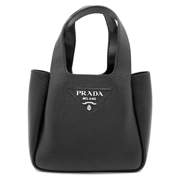 Prada Handbag Triangle Logo Shoulder Bag Leather Black Silver Hardware - Picture 1 of 7